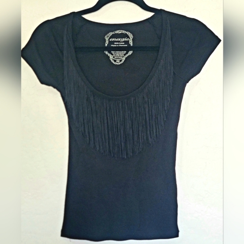 VTG 90s/Y2K Energie Black Scoop Neck Fringe T-shirt